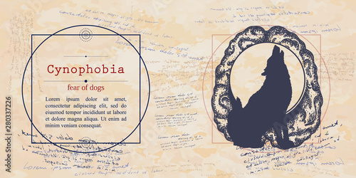 Cynophobia. Fear of dogs phobia. Psychological illustration. Psychotherapy concept. Medieval medicine manuscript
