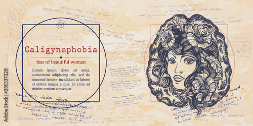 Caligynephobia. Fear of beautiful women phobia. Psychological vector illustration. Psychotherapy concept. Medieval medicine manuscript