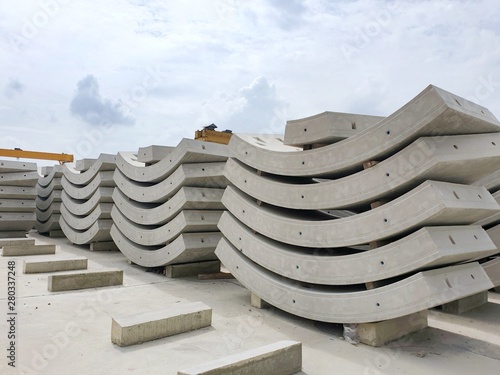Precast concrete plant with blue sky in the construction site, in storage yard area at Thailand, Space for text in template, Concrete Tunnel Segments