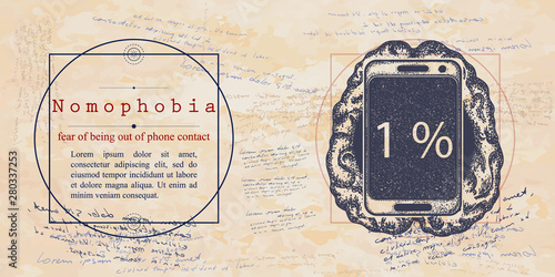 Nomophobia. Fear of being out of mobile phone contact phobia. Psychological vector illustration. Psychotherapy and psychiatry. Medieval medicine manuscript
