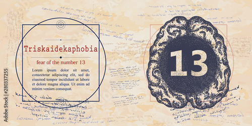 Triskaidekaphobia. Fear of number 13 phobia. Psychological vector illustration. Psychotherapy and psychiatry. Medieval medicine manuscript