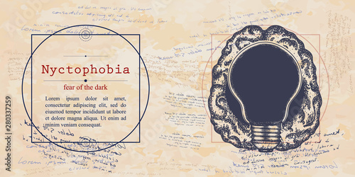 Nyctophobia. Fear of the dark phobia. Human brain and lightbulb. Psychological vector illustration. Psychotherapy and psychiatry. Medieval medicine manuscript