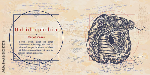 Ophidiophobia. Fear of snakes phobia. Psychological vector illustration. Psychotherapy and psychiatry. Medieval medicine manuscript