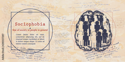 Sociophobia. Fear of society or people in general. Social Anxiety Disorder. Psychological vector illustration. Psychotherapy and psychiatry. Medieval medicine manuscript