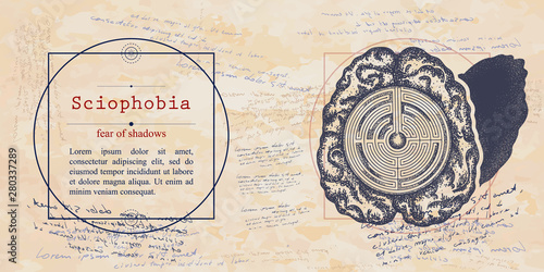 Sciophobia. Fear of shadows phobia. Psychological vector illustration. Psychotherapy and psychiatry. Medieval medicine manuscript