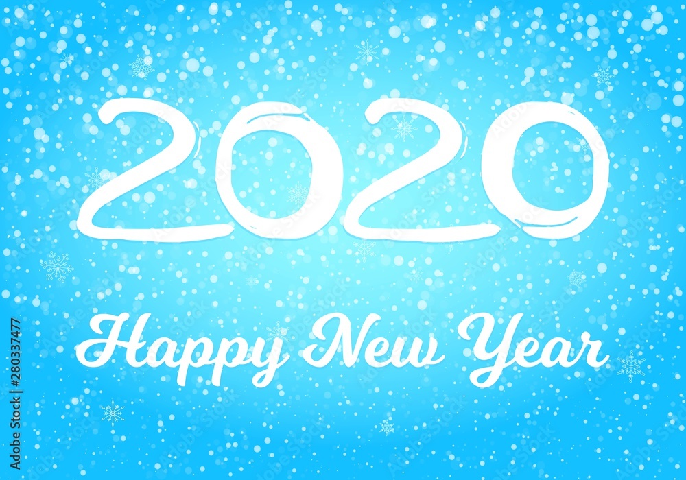 2020 happy new year postcard with falling snow on blue sky, frozen numbers 2020, snowdrifts, flat style design vector illustration on gradient background. Year of the metal rat.