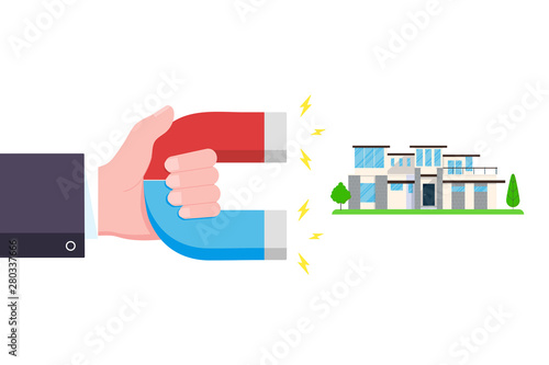 Hand hold red and blue horseshoe magnet icon sign attract house. Real estate concept flat style design vector illustration isolated on white background.