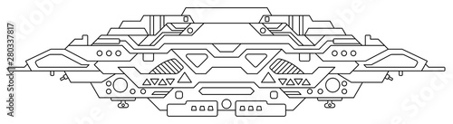 Futuristic outer space battle starship. UFO (unidentified flying object) aliens. Detailed vector illustration