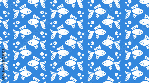 Nautical vector seamless pattern with flat icons of fish school, bubbles. White goldfish silhouette on blue color background, animal wallpaper