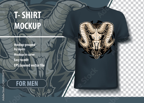 Mockup template with ram skull. Layout vector as an offer printing on T-shirts.