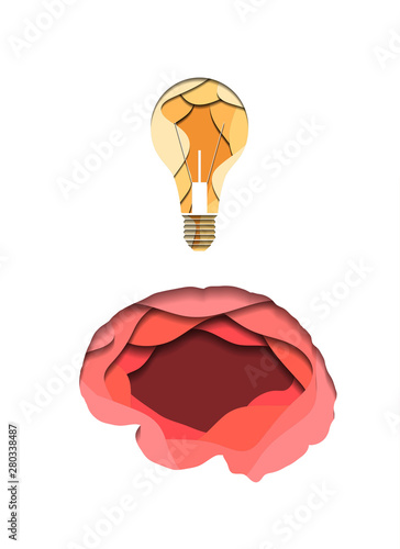 Layered human brain and light bulb cut out of paper on white background. Idea and innovation. Paper cut origami. Vector illustration for article, banner, cover and your design