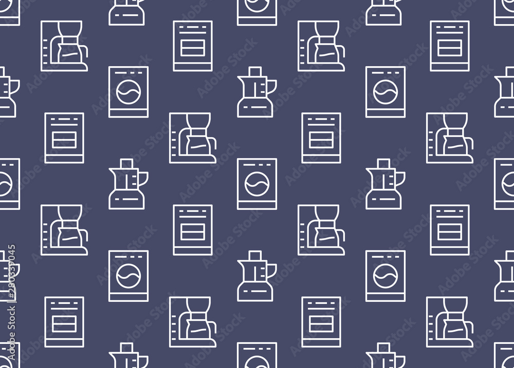 Household Appliances, Electronics Store Seamless Pattern with Line Icon. Vector Illustration Flat style. Included Icons as Stove, Coffee Maker, Washer, Blender. Dark Blue, White Background