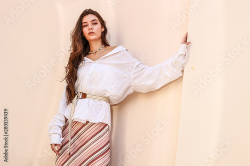 Obraz na plátně Young beautiful lady wearing a stylish white shirt