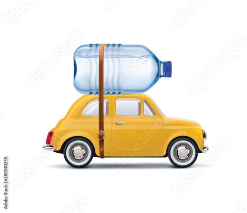 Big plastic bottle of potable water on car isolated on white. Realistic vector 3d illustration