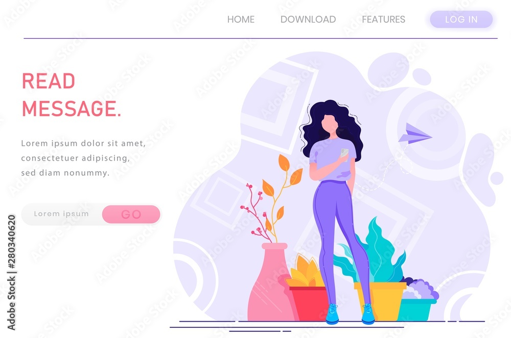 Vector web site. Landing Page girl reading a message. Design linear art flat illustration. Hobby. Landing Page social media. Landing Page free time. Virtual relationships, online dating and social