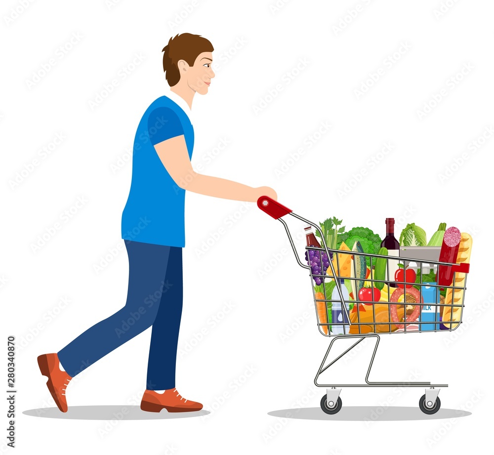 man pushing supermarket shopping cart full of groceries. isolated on