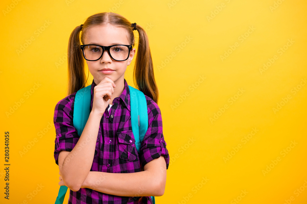 Close up photo of small lady pupil hold hand chin pretty ponytails lesson wear specs checkered shirt isolated yellow background