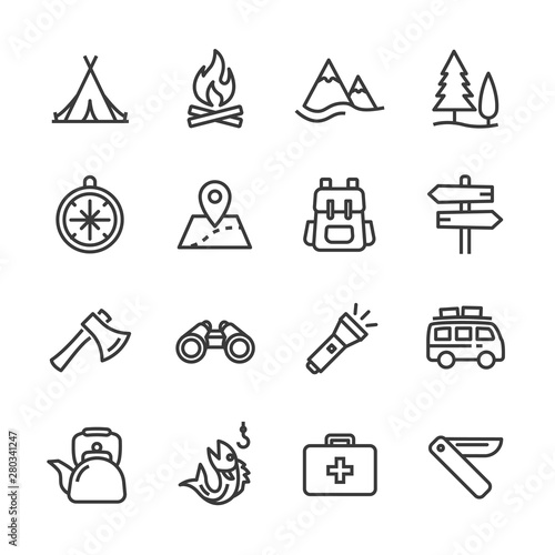 camping vector line icons set
