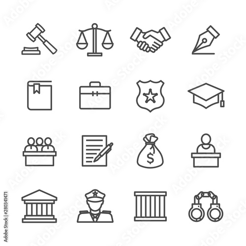 law and justice vector line icons set