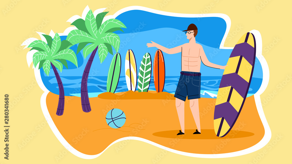 Young Man Character Stand on Beach with Surf Board