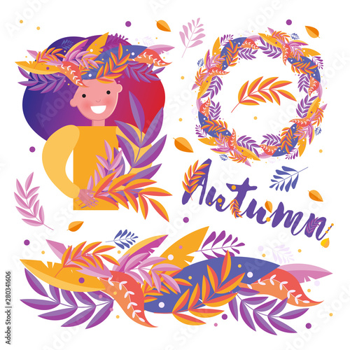 Stylish autumn set of elements, border, wreath, ornament, a girl in a wreath holding leaves in her hands. Composition for autumn bright design. Vector objects on a white isolated background. Autumn