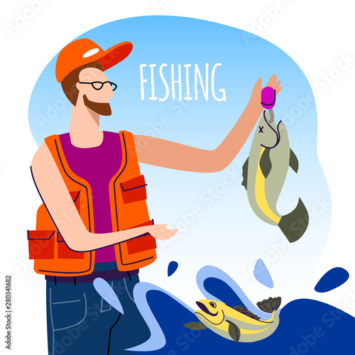 Fisherman in Orange Vest and Cap Holding Big Fish