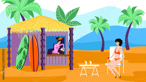 Woman in Bikini Sitting at Cafe on Exotic Beach