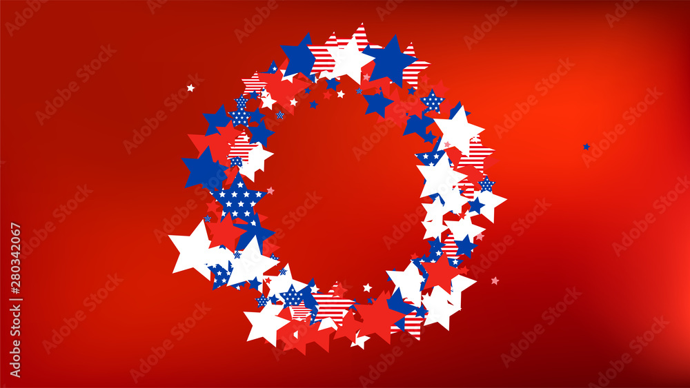 Colors of American Flag: Red, Blue and White.  Abstract Background with Many Falling Stars Confetti on Red Backdrop. 
 Banner, Greeting Card. Vector Stars Background with Colors of American Flag.