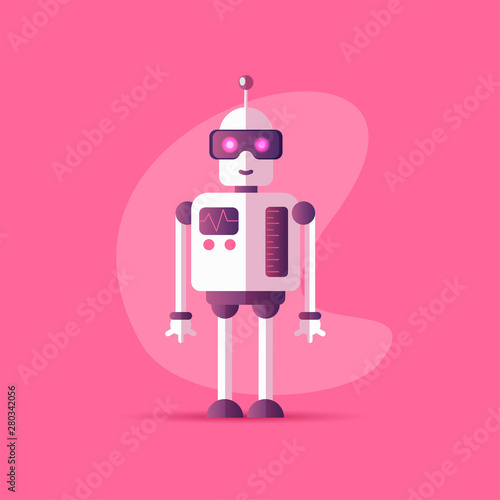 Funny vector robot icon in flat style isolated on pink background. Vector illustration of Chatbot icon with neon colors and gradients. Customer support service chat bot. Cute cartoon robot cartoon