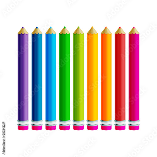 9  color pencils. Cector collection isolated illustration on white background.  Office supplies.