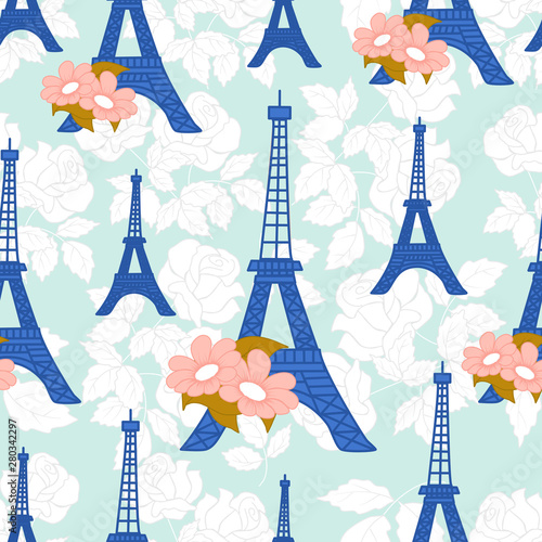 Blue Tour Eiffel on a white rose background