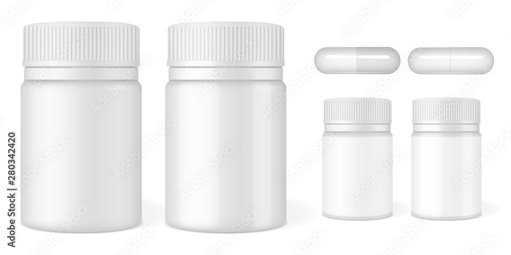 Set of vector realistic images (mock-up, layout of matte and glossy blank plastic packaging for tablets (vitamins or cosmetics) with a label and without a label and tablets (pills, vitamins). EPS 10. Set of vector realistic images (mock-up, layout of matte and glossy blank plastic packaging for tablets (vitamins or cosmetics) with a label and without a label and tablets (pills, vitamins). EPS 10.