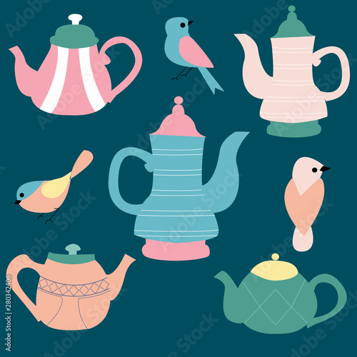 Teapots and birds, vector elements