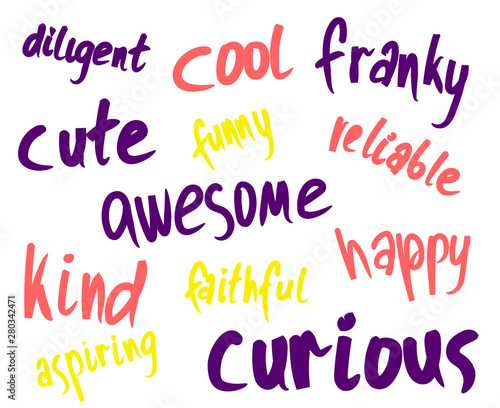 vector cute set of nice words that describes a person in a good way. Trendy colors.