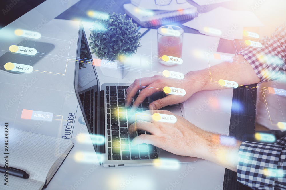 Multi exposure of tech drawings with man working on computer background. Concept of innovation. Multi exposure of tech drawings with man working on computer background. Concept of innovation.