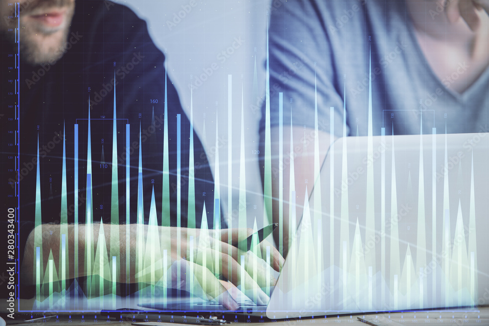 Forex graph with businessman typing on computer in office on background. Concept of analysis. Double exposure. Forex graph with businessman typing on computer in office on background. Concept of analysis. Double exposure.