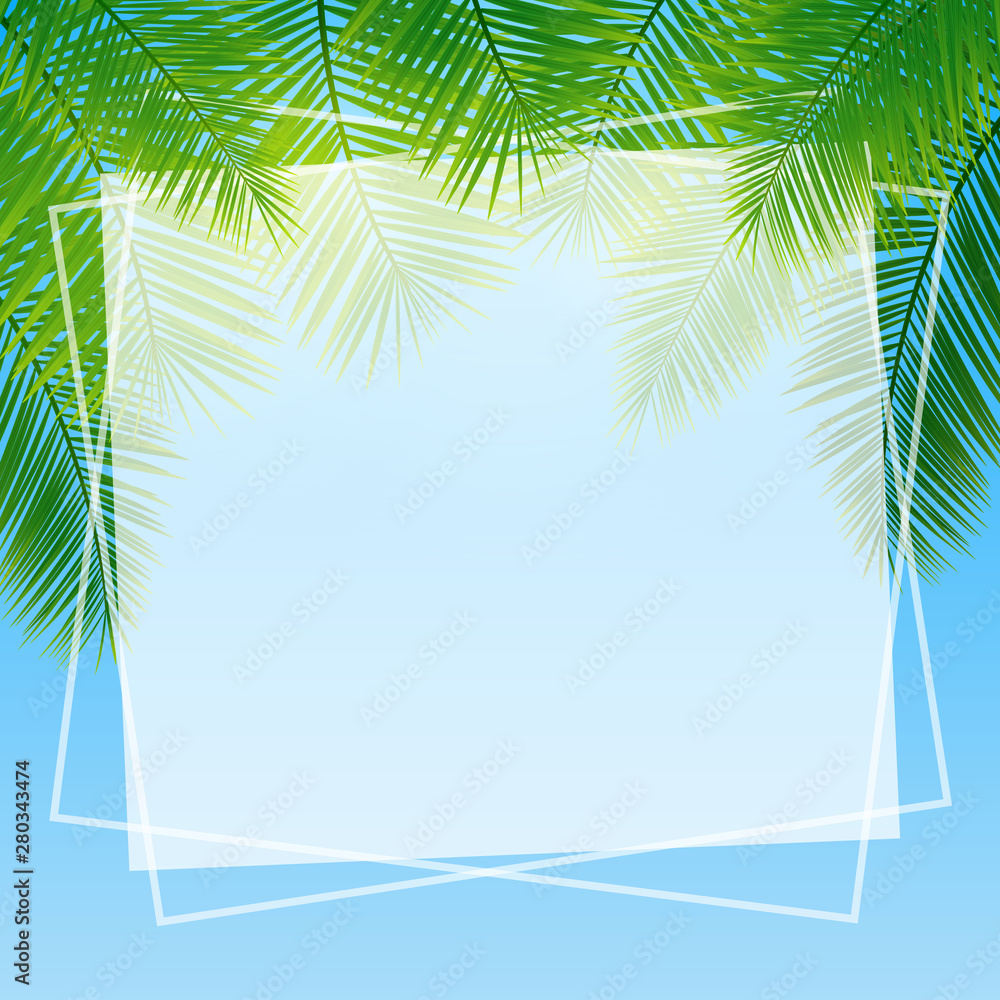 Vector square blue background with green tropical leaves of palm trees. EPS 10.