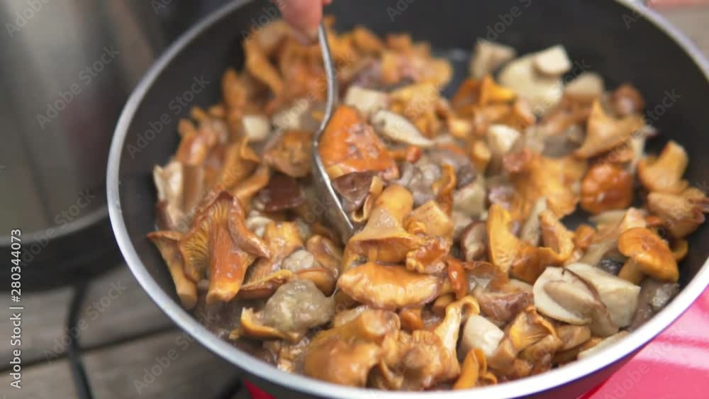 Close-up of assorted mushrooms fried in a skillet. Female hand prevents spoon mushrooms Close-up of assorted mushrooms fried in a skillet. Female hand prevents spoon mushrooms
