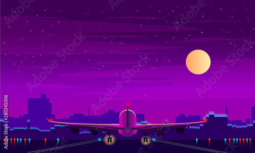 Night airport with takeoff of the plane. Night sky, landscape with building. Vector background.