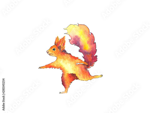 Bright funny squirrel does fitness exercise. Hand drawn watercolor. Isolated on white background