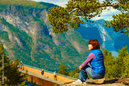 Tourist enjoying mountains fjord view, Norway © anetlanda
