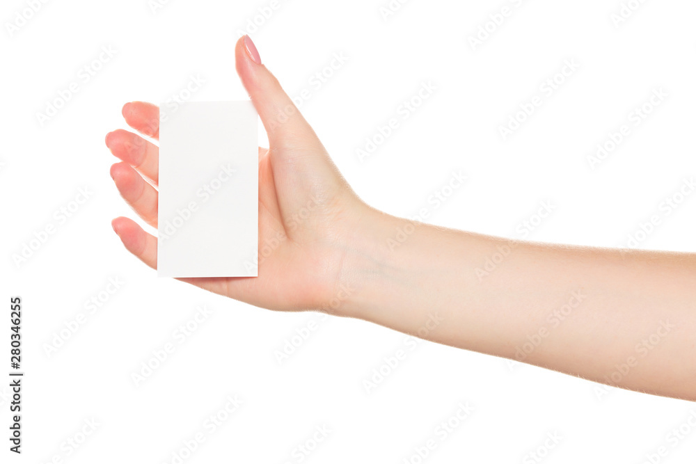 Empty sheet of paper in female hand with manicure isolated on white Empty sheet of paper in female hand with manicure isolated on white