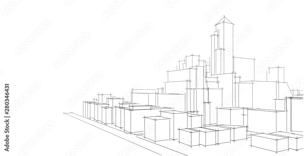 Fototapeta premium Modern architecture wireframe. Concept of urban wireframe. Wireframe building 3D illustration of architecture