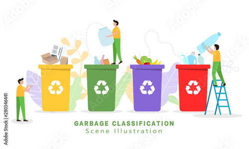 Garbage sorting and garbage collection - vector illustration，small little people throw garbage in containers. Sorting Garbage Waste. Plastic, paper, organic. e-waste. Environmental protection, ecology