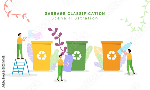 Garbage sorting and garbage collection - vector illustration，small little people throw garbage in containers. Sorting Garbage Waste. Plastic, paper, organic. e-waste. Environmental protection, ecology