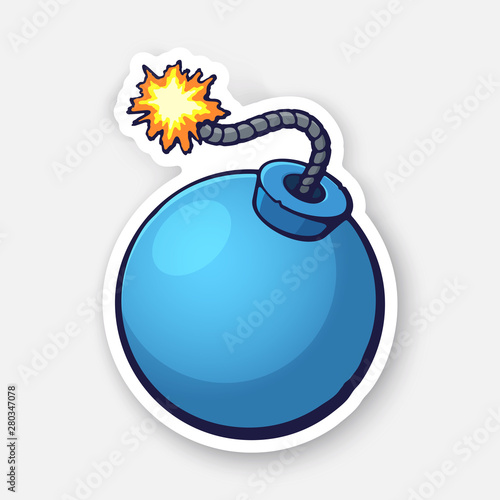 Vector illustration. Blue ball-shaped bomb with a burning fuse rope. Sticker with contour. Isolated on white background