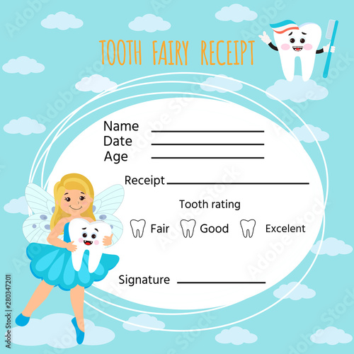 Cute tooth fairy receipt certificate.  Diploma fun  design from the dentist for children who loose their baby teeth.  Vector illustration