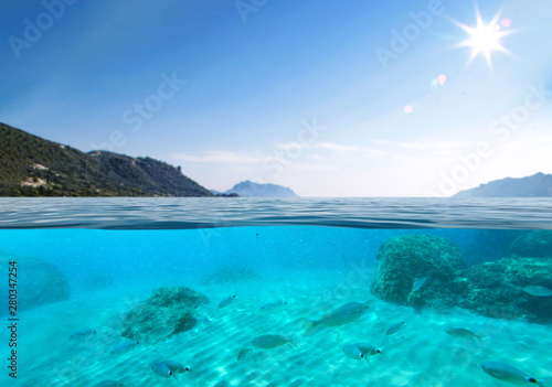 Summer photo of underwater background and sunny day. 