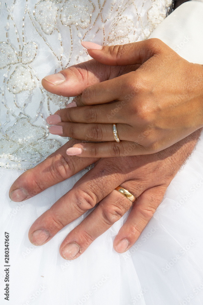 bride and groom marriage holding hands with wedding rings in white dress background bride and groom marriage holding hands with wedding rings in white dress background