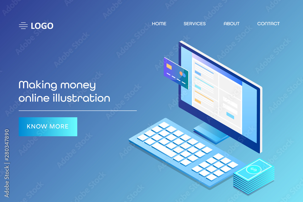 Isometric desktop computer displaying website on screen, with credit card and money, make money online 3d style concept, web banner with text. Isometric desktop computer displaying website on screen, with credit card and money, make money online 3d style concept, web banner with text.